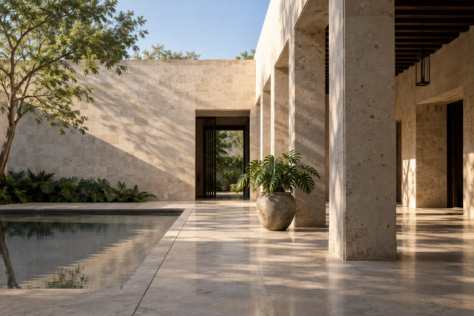 Patio contemporáneo de piedra iluminado por luz natural